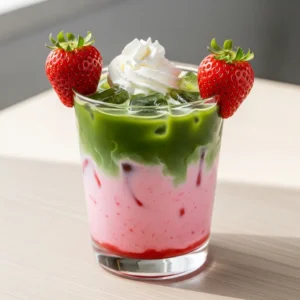 Garnish Strawberry Matcha latte with 2 fresh strawberries