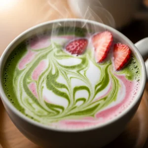 Top Strawberry Matcha latte with fresh strawberries