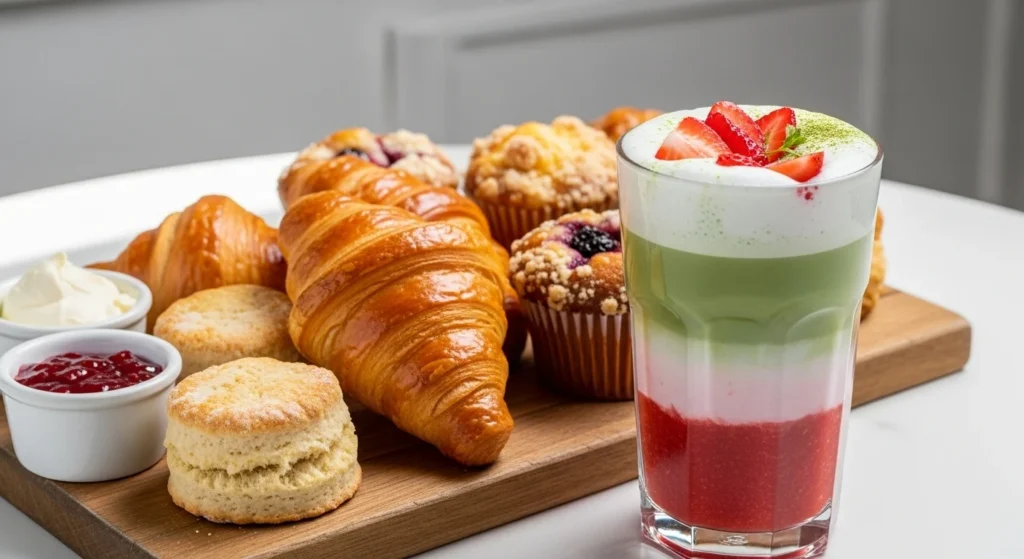 Strawberry Matcha Latte with Croissants, Muffins, Scones, for breakfast.