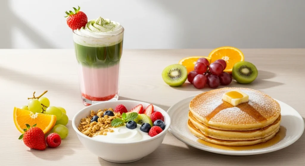 Strawberry Matcha Latte with Fresh Yogurt and Granola, Pancakes or Waffles, Fruits for breakfast.