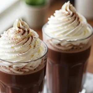 Pour into tall glasses and top with whipped cream