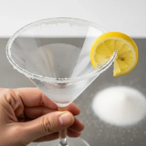 Rim a chilled martini glass with sugar