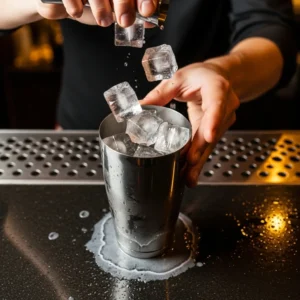 Fill a cocktail shaker with ice.