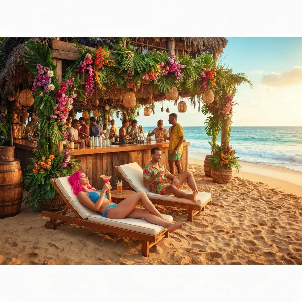 Tropical cocktails featuring mango, pineapple, and coconut garnishes