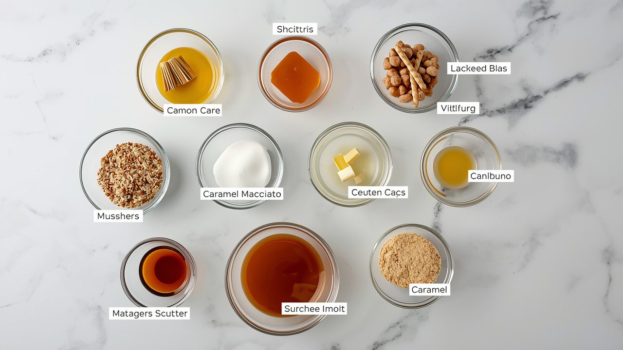 Ingredients for caramel macchiato recipe laid out on counter