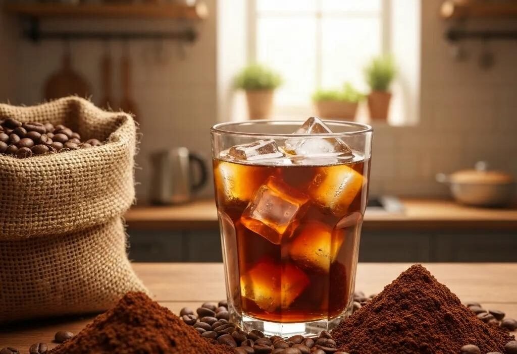 Cold brew coffee in a glass with ice, coarsely ground coffee beans, and a burlap sack in a cozy kitchen setting