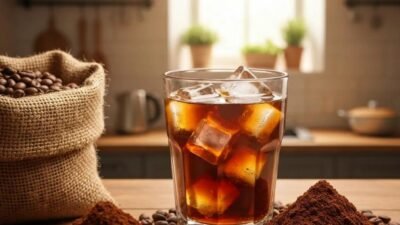 Cold brew coffee in a glass with ice, coarsely ground coffee beans, and a burlap sack in a cozy kitchen setting