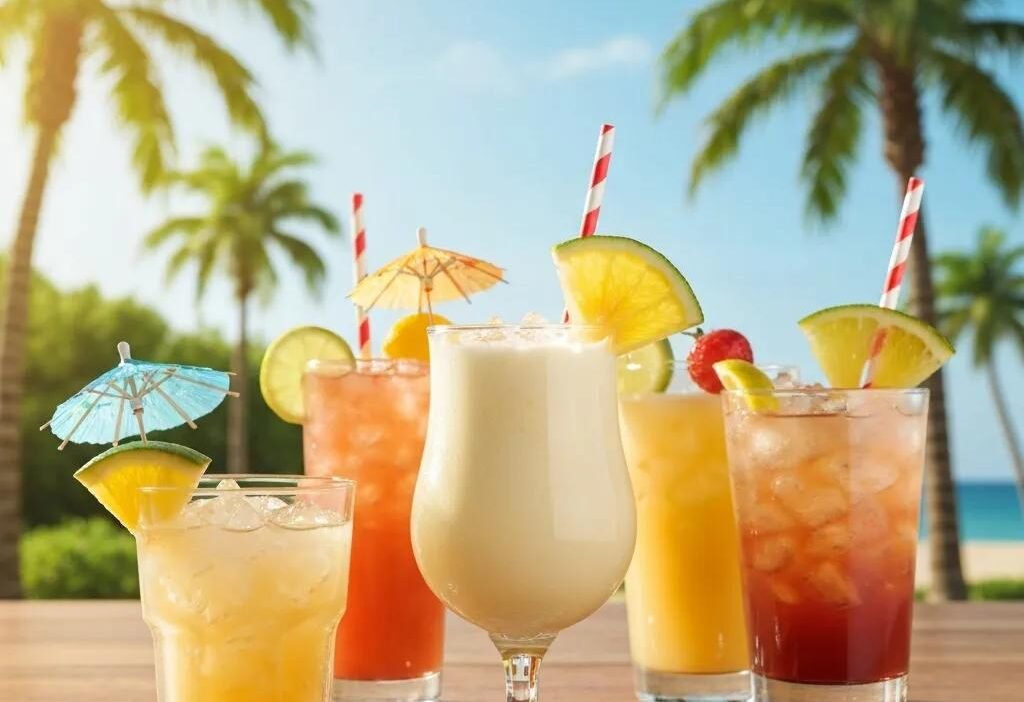 Colorful tropical cocktails on a beachside table, showcasing Piña Colada and Mai Tai with fresh fruit garnishes