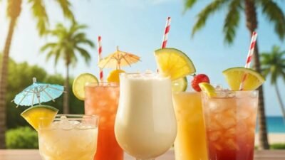 Colorful tropical cocktails on a beachside table, showcasing Piña Colada and Mai Tai with fresh fruit garnishes