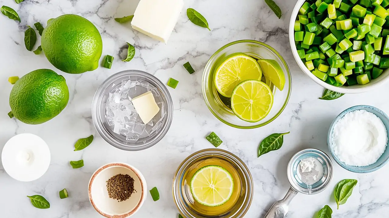 Ingredients for cutwater lime margarita ingredients recipe laid out on counter
