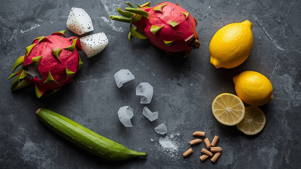 Fresh ingredients for dragon fruit lemonade including dragon fruit, lemons, sugar and water on a wooden surface