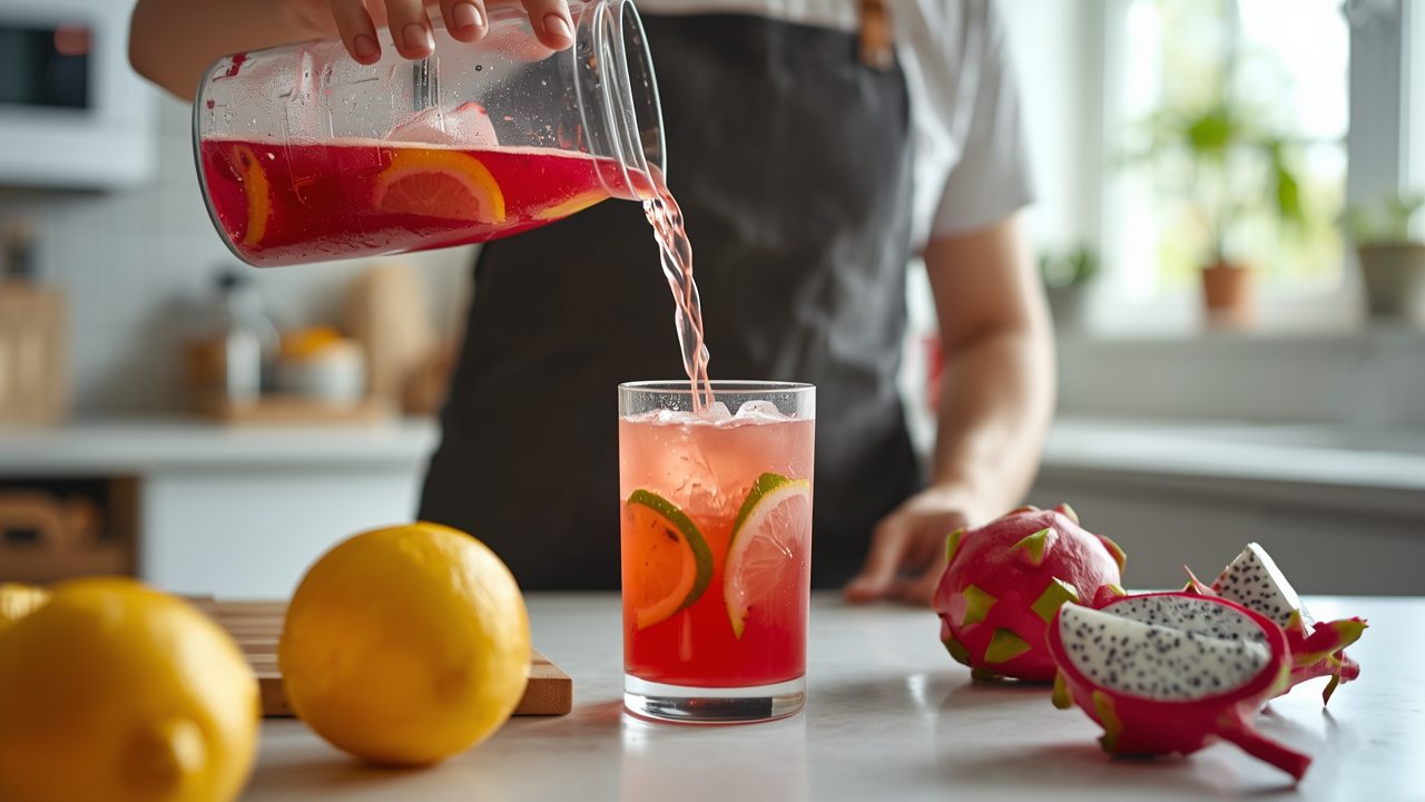 Step by step process of making dragon fruit lemonade showing blending dragon fruit, mixing with lemon juice and serving