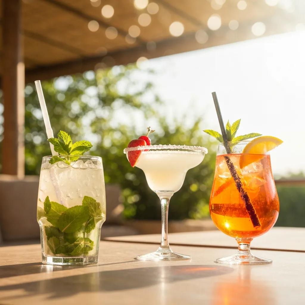 Classic summer cocktails: Mojito, Margarita, and Aperol Spritz on display