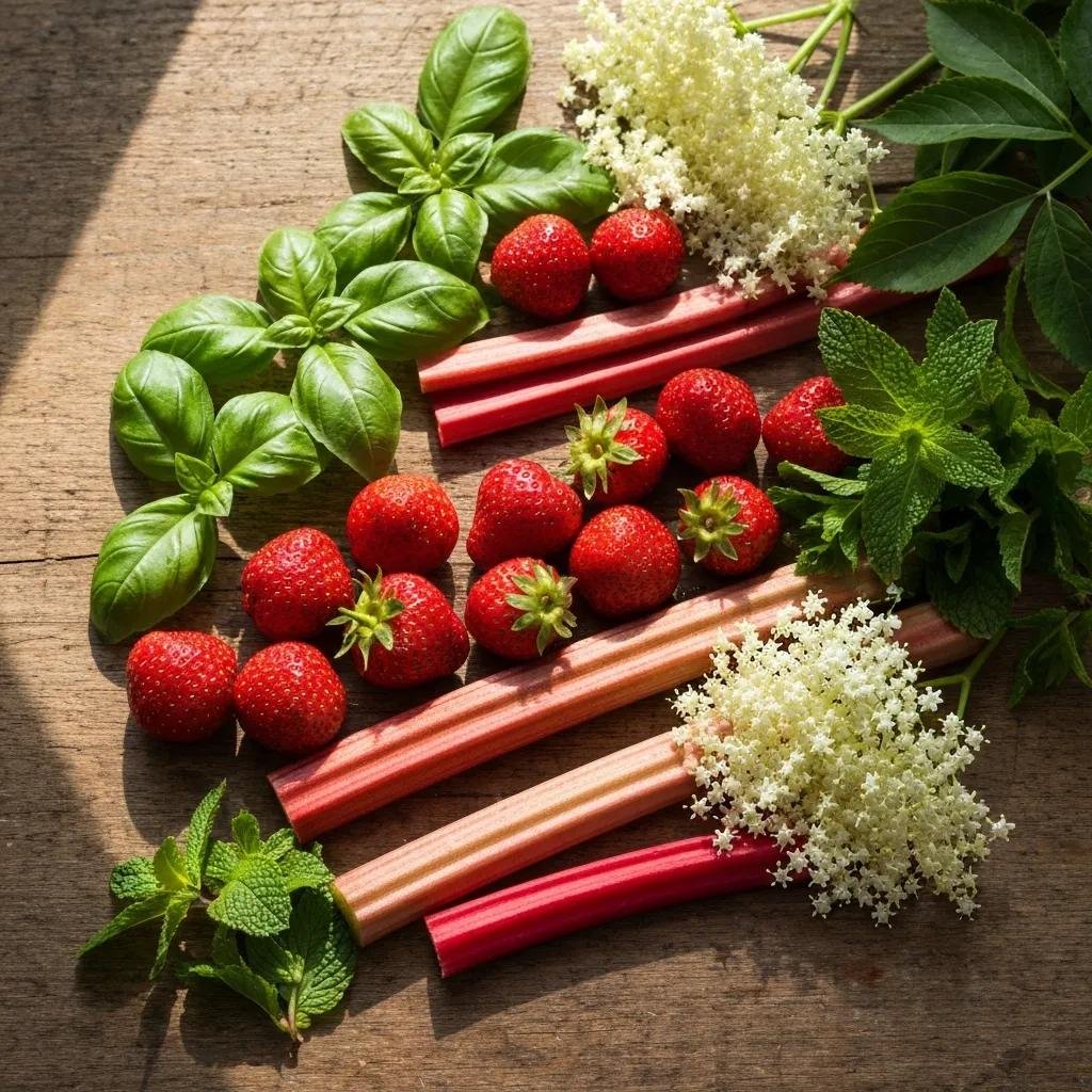 Seasonal spring cocktail ingredients — strawberries, rhubarb, citrus, and fresh herbs — ready for use