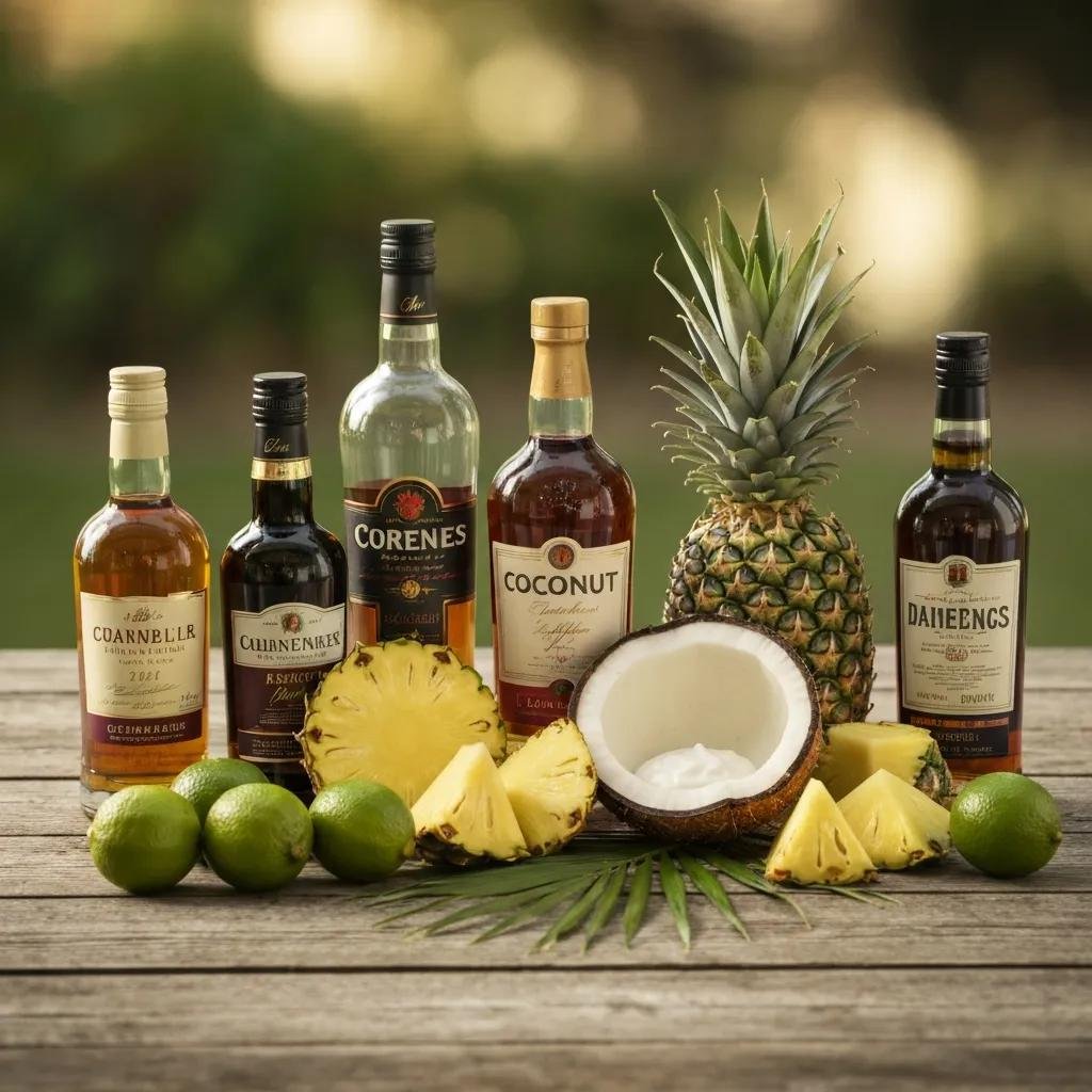 Fresh tropical cocktail ingredients: limes, pineapple, coconut cream and rum arranged on wood