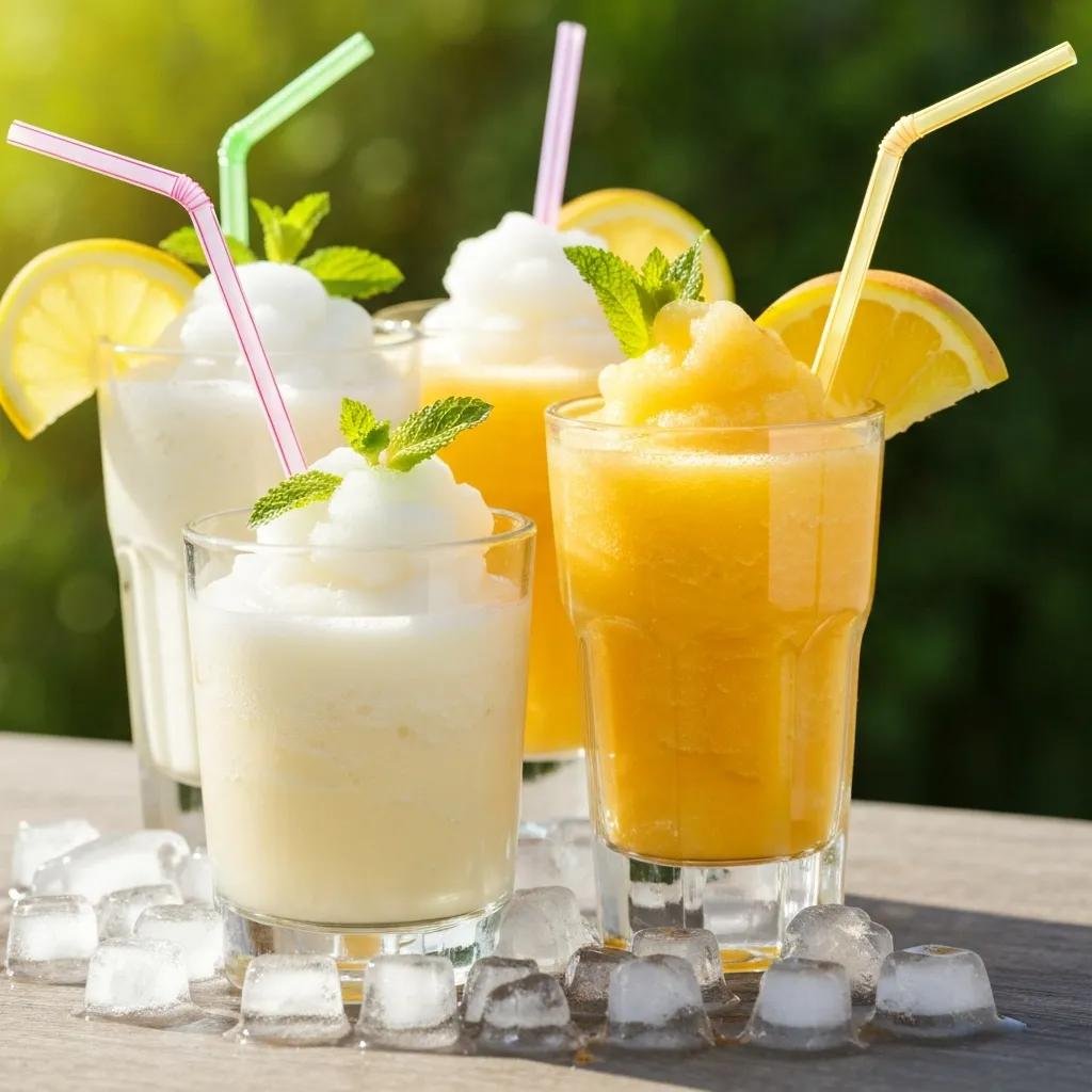Frozen tropical drinks — Piña Colada and Mango Daiquiri — garnished with fruit and mint in sunlight