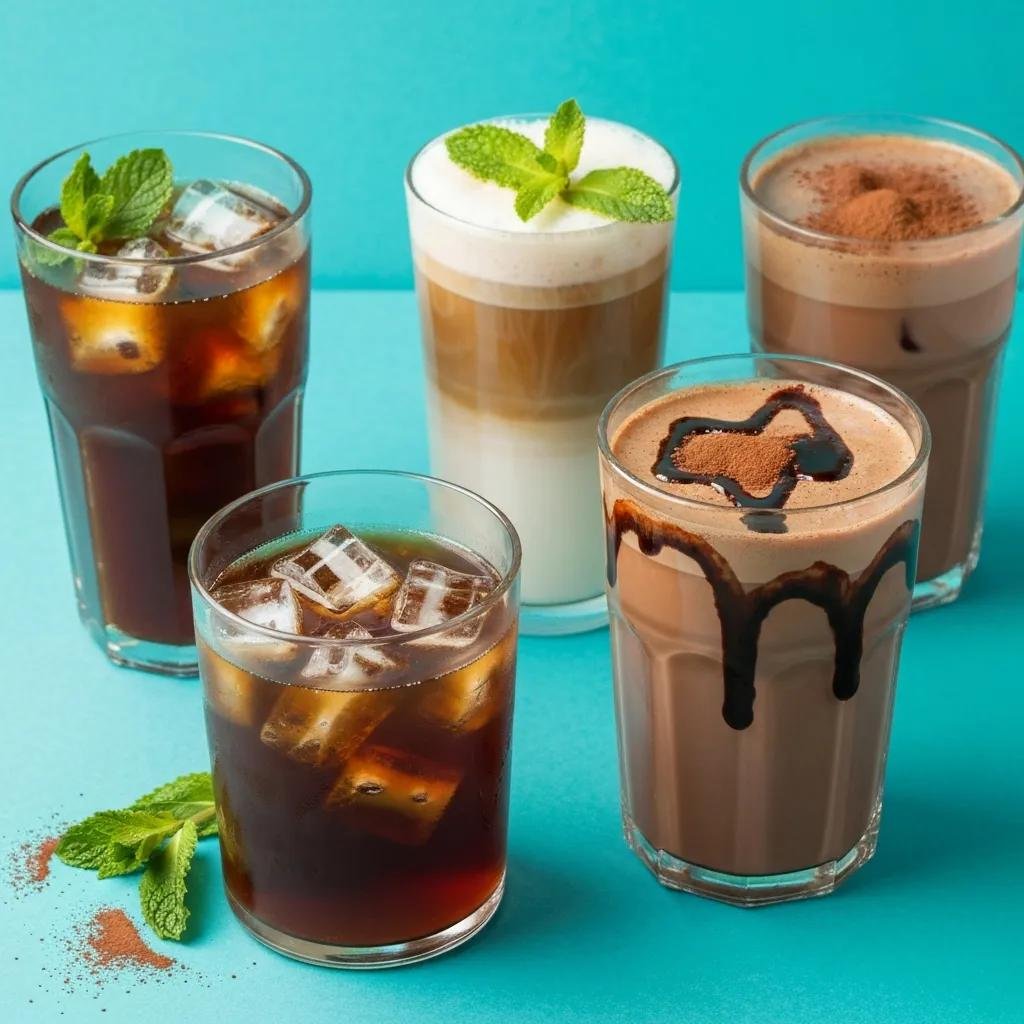 Three cold brew drinks: iced cold brew, a milk-based cold brew latte, and a mocha cold brew with garnishes