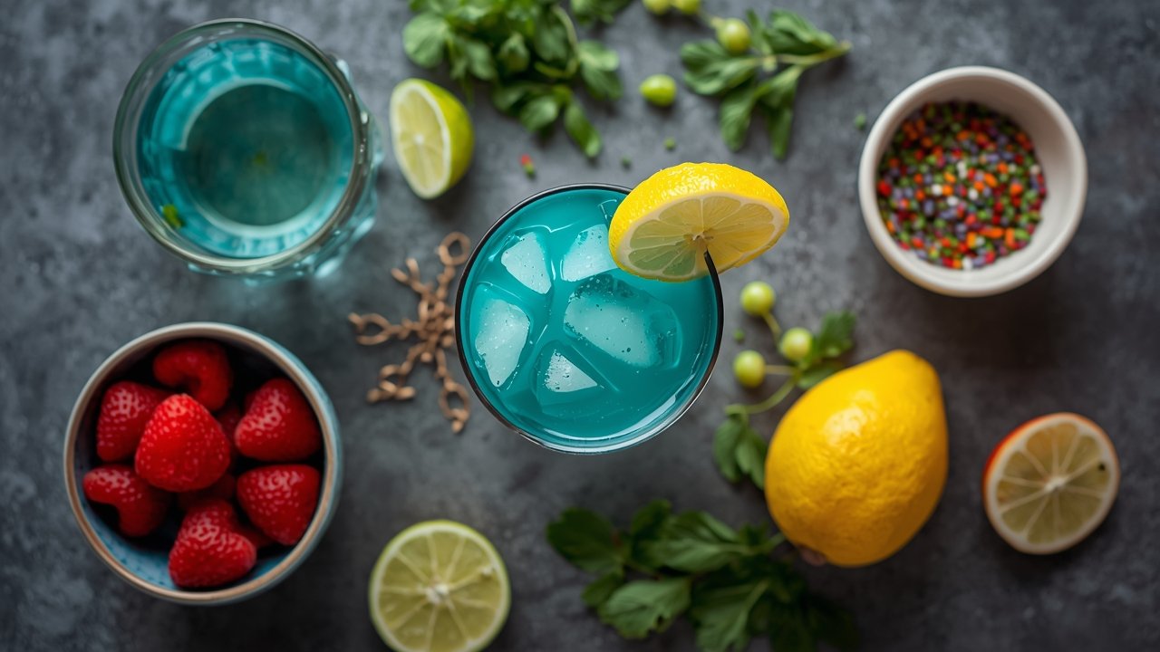 Blue Lagoon Mocktail ingredients including blue curacao syrup lemonade and sprite