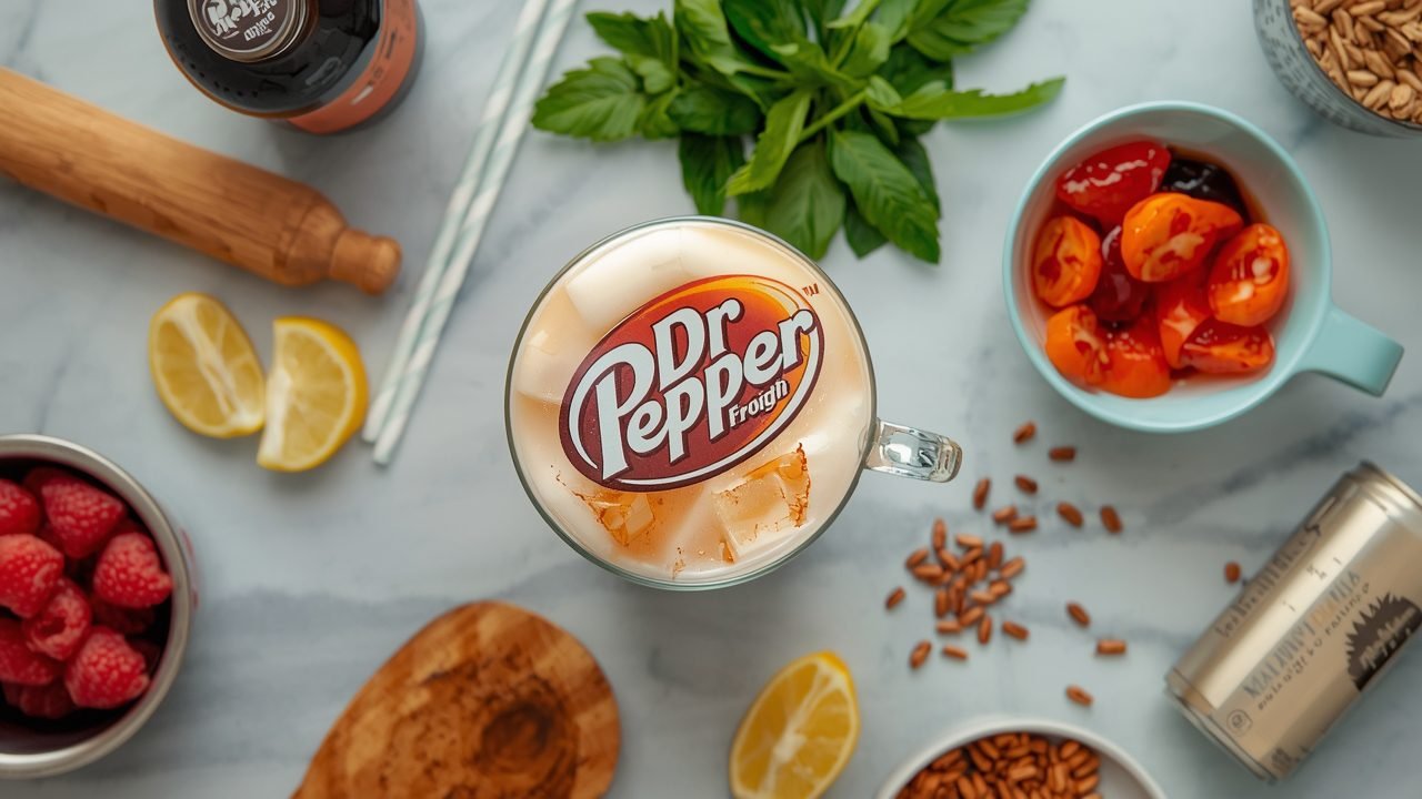 Dr Pepper Float ingredients including vanilla ice cream and chilled Dr Pepper soda