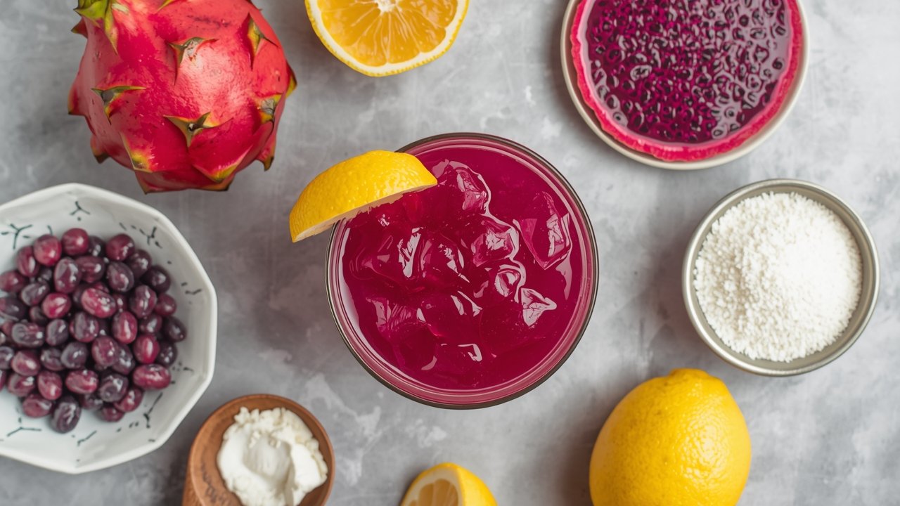 Dragonfruit Lemonade ingredients including fresh dragonfruit, lemons, and ice