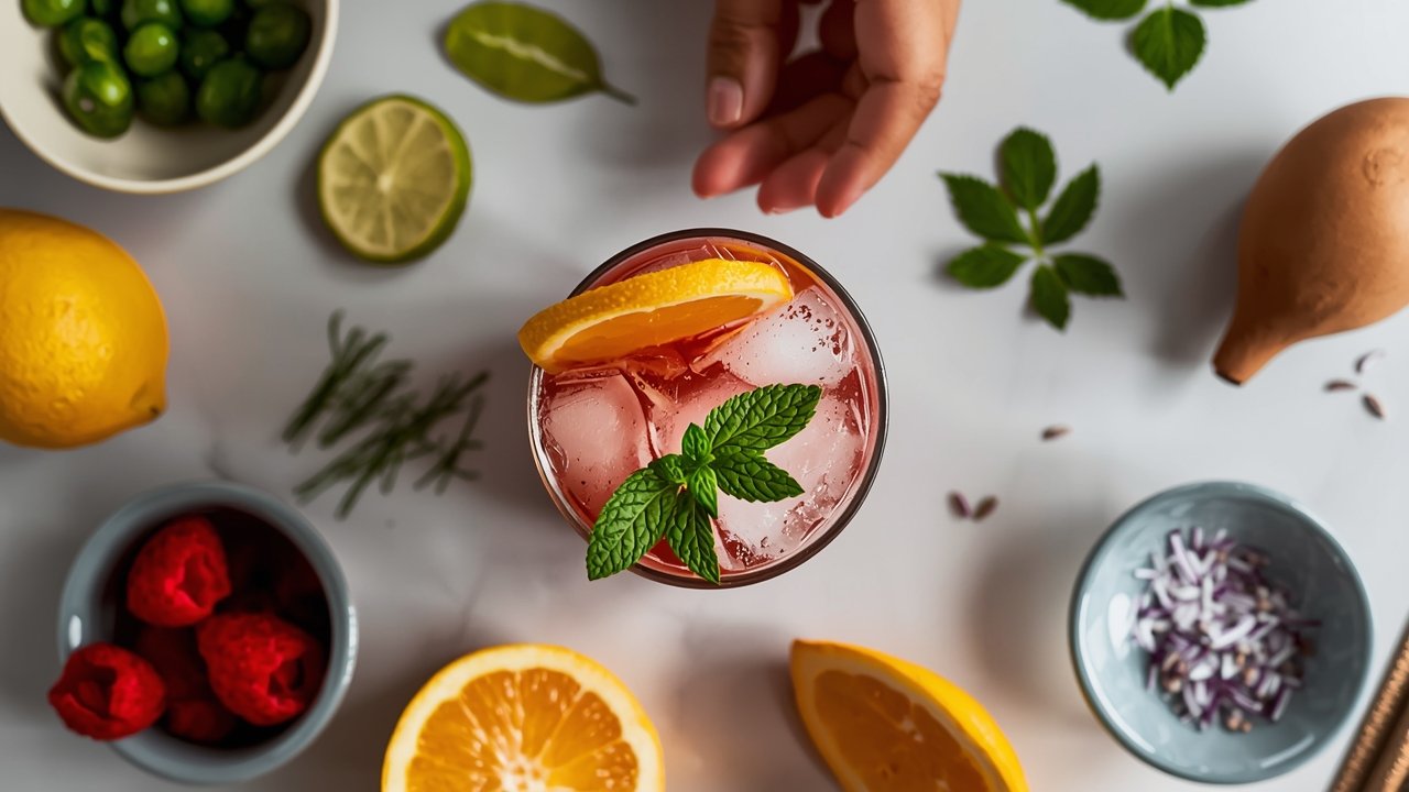 Mocktails Ultimate Guide ingredients including fresh citrus, herbs, and syrups
