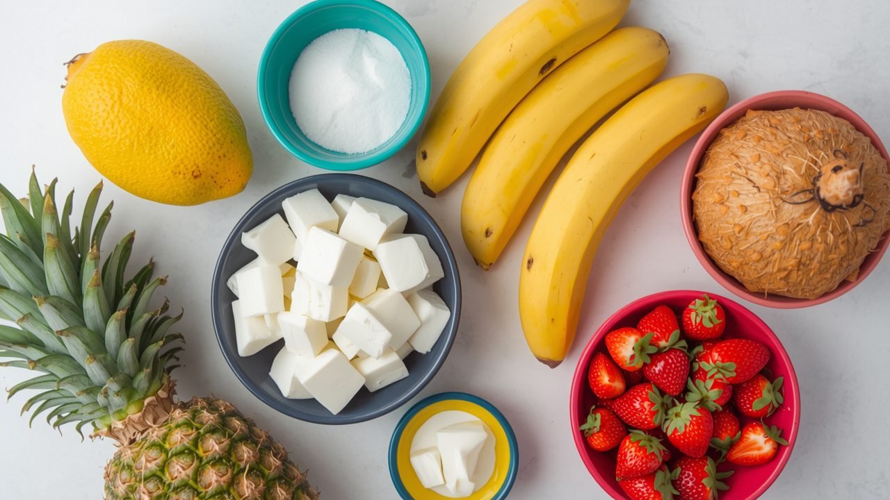 Pineapple Coconut Cooler ingredients including pineapple juice, coconut cream, and ice