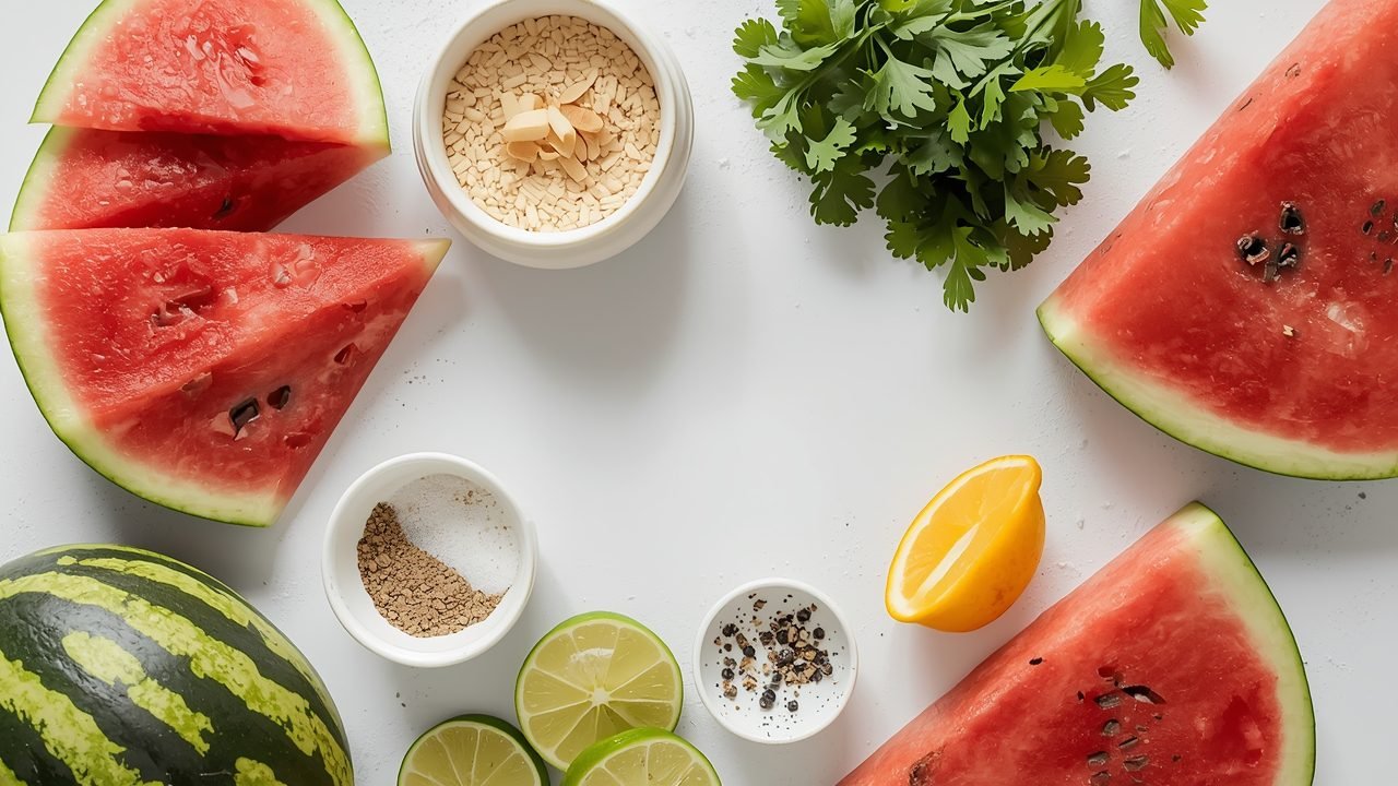 Summer Watermelon Cooler ingredients including fresh watermelon, lime, and mint