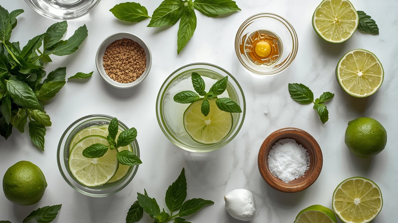 Virgin Mojito Variations ingredients including fresh mint, limes, berries, and sparkling water