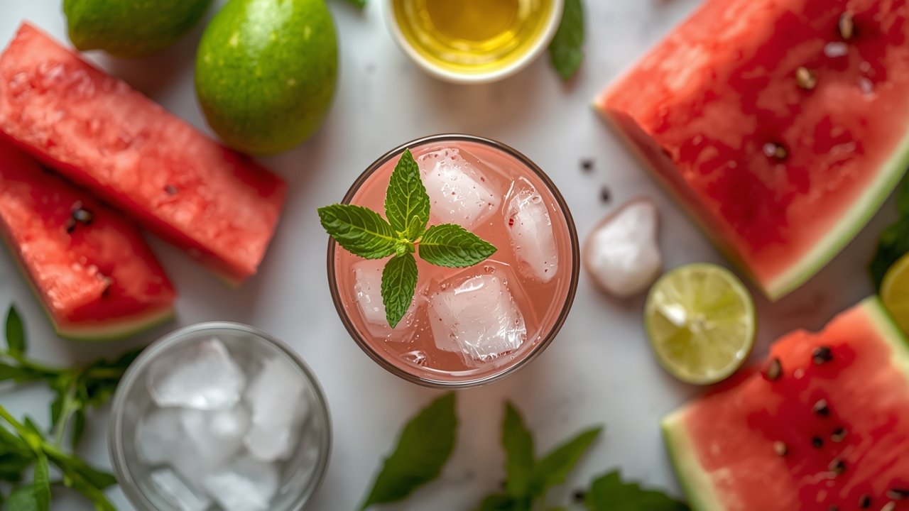 Watermelon Mojito Mocktail ingredients including fresh watermelon, mint, and lime