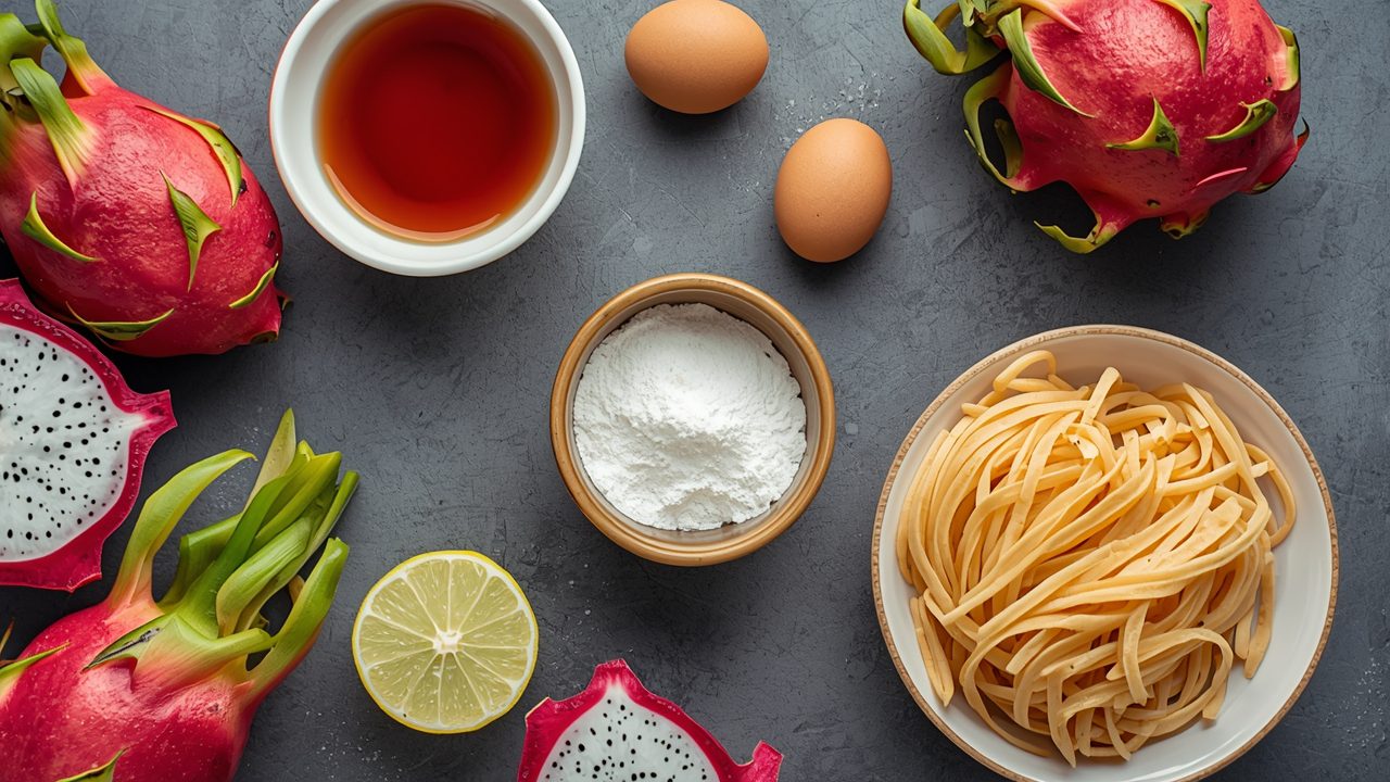 Dragon fruit syrup ingredients including fresh dragon fruit, sugar, water, and lemon juice laid out on counter