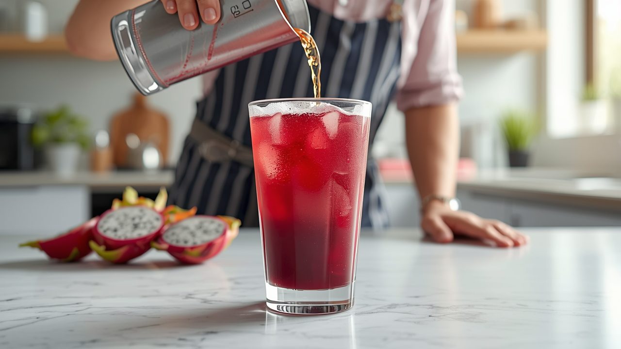 Step by step process of making dragon fruit syrup at home showing cutting, cooking and straining stages
