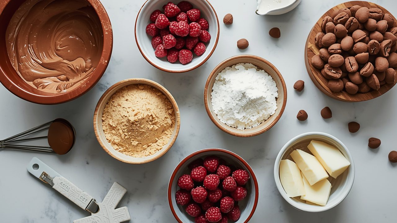Dubai chocolate shake ingredients including cocoa powder, milk, cardamom and condensed milk laid out on counter