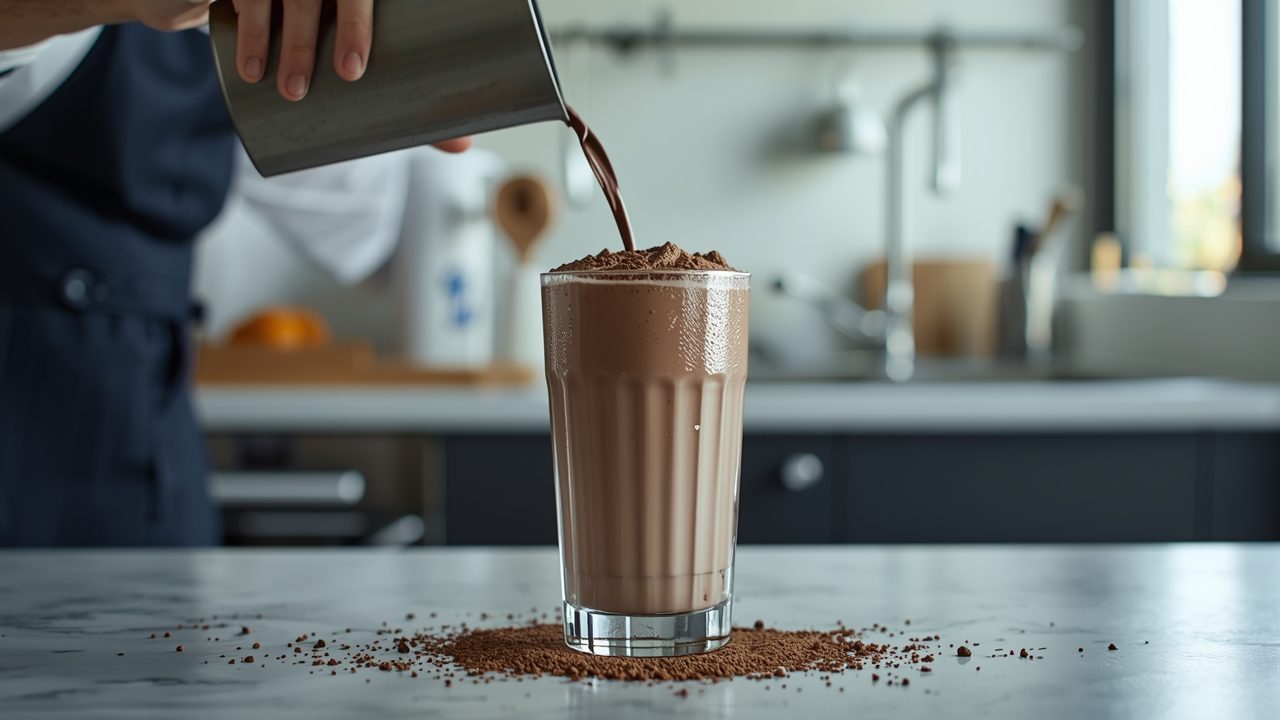 Step by step process of making Dubai chocolate shake at home showing mixing, blending and serving stages