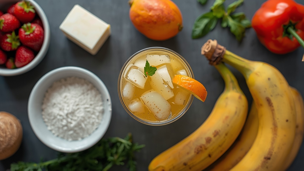 Parade fruit cocktail ingredients including fresh pineapple, orange juice, rum, and grenadine