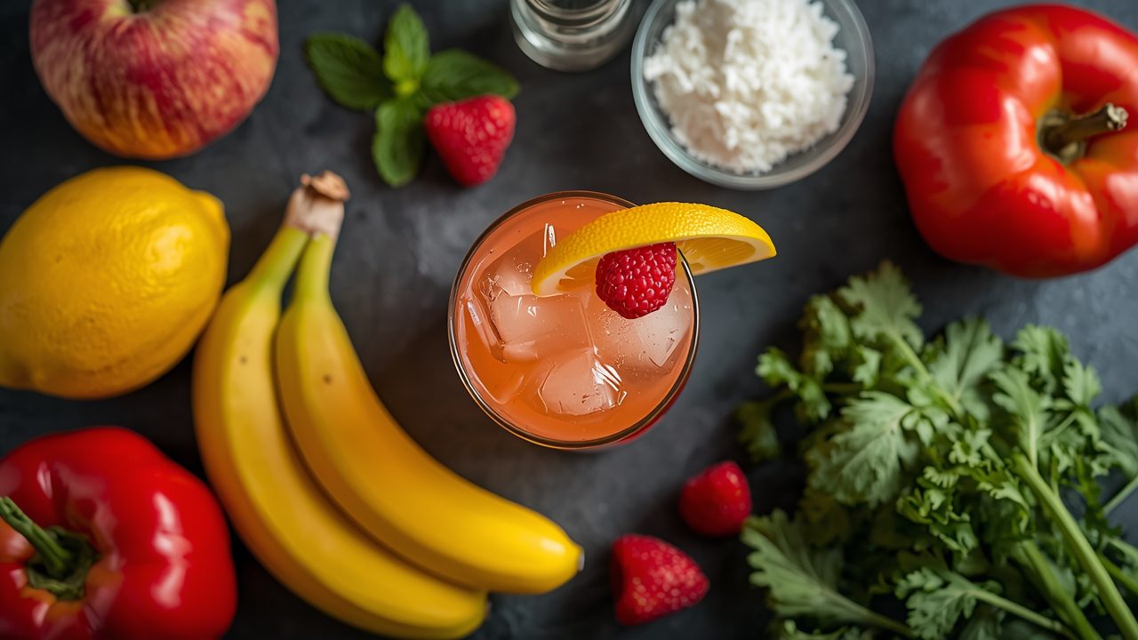 Parade fruit cocktail ingredients including fresh peaches, pears, pineapple, grapes and cherries