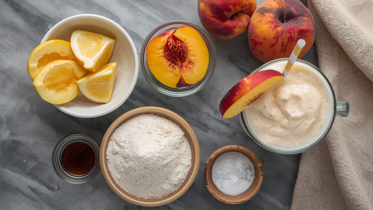 Peach milkshake recipe ingredients including fresh peaches, vanilla ice cream, milk and honey