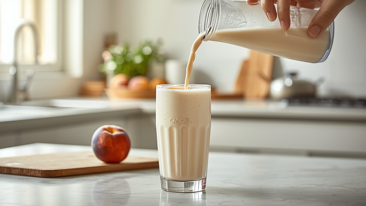 Step by step process of making peach milkshake recipe at home showing blending peaches and ice cream