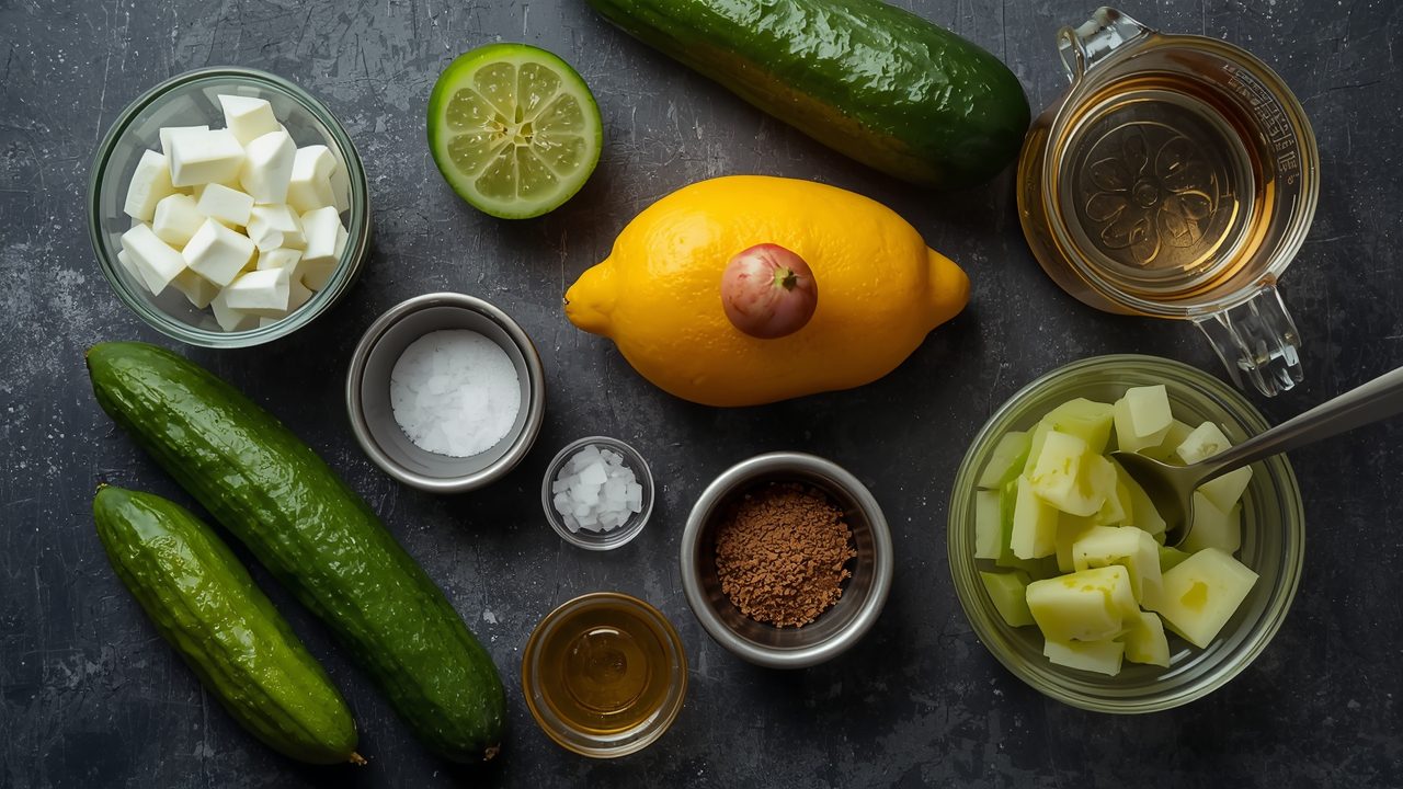 Picklerita slush ingredients including pickle juice, tequila, lime, and ice