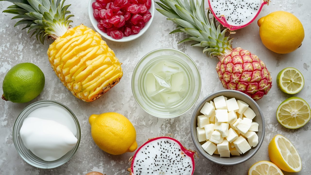 pineapple dragonfruit frosted lemonade ingredients including lemonade, dragonfruit, pineapple juice, and ice