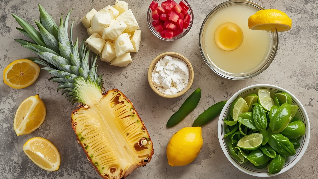 pineapple dragonfruit lemonade ingredients including fresh dragonfruit, pineapple juice, lemonade, and ice