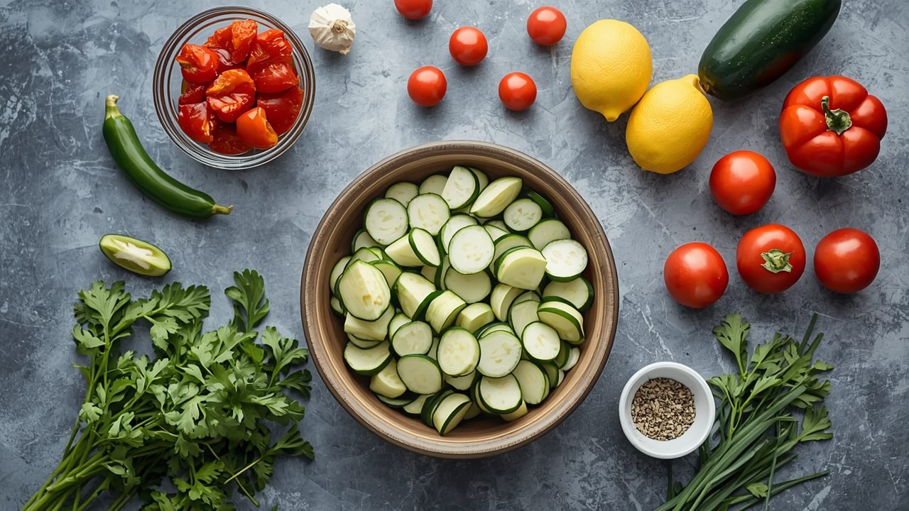 vodka salad ingredients including romaine lettuce, cucumber, vodka and lemon