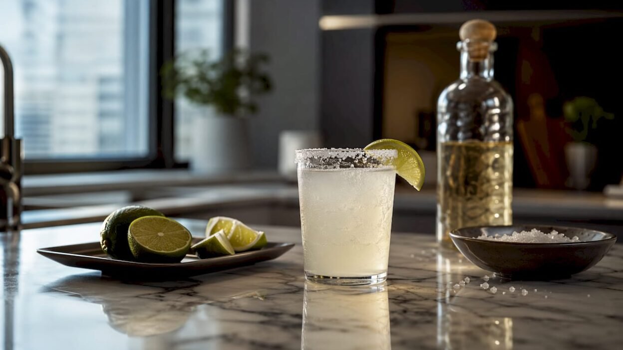 Classic Paloma cocktail with salted rim and lime wedge