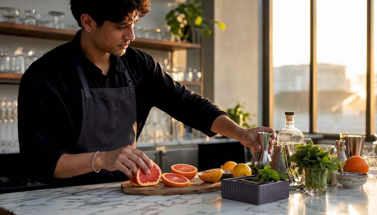 Hands squeezing fresh grapefruit juice for Paloma