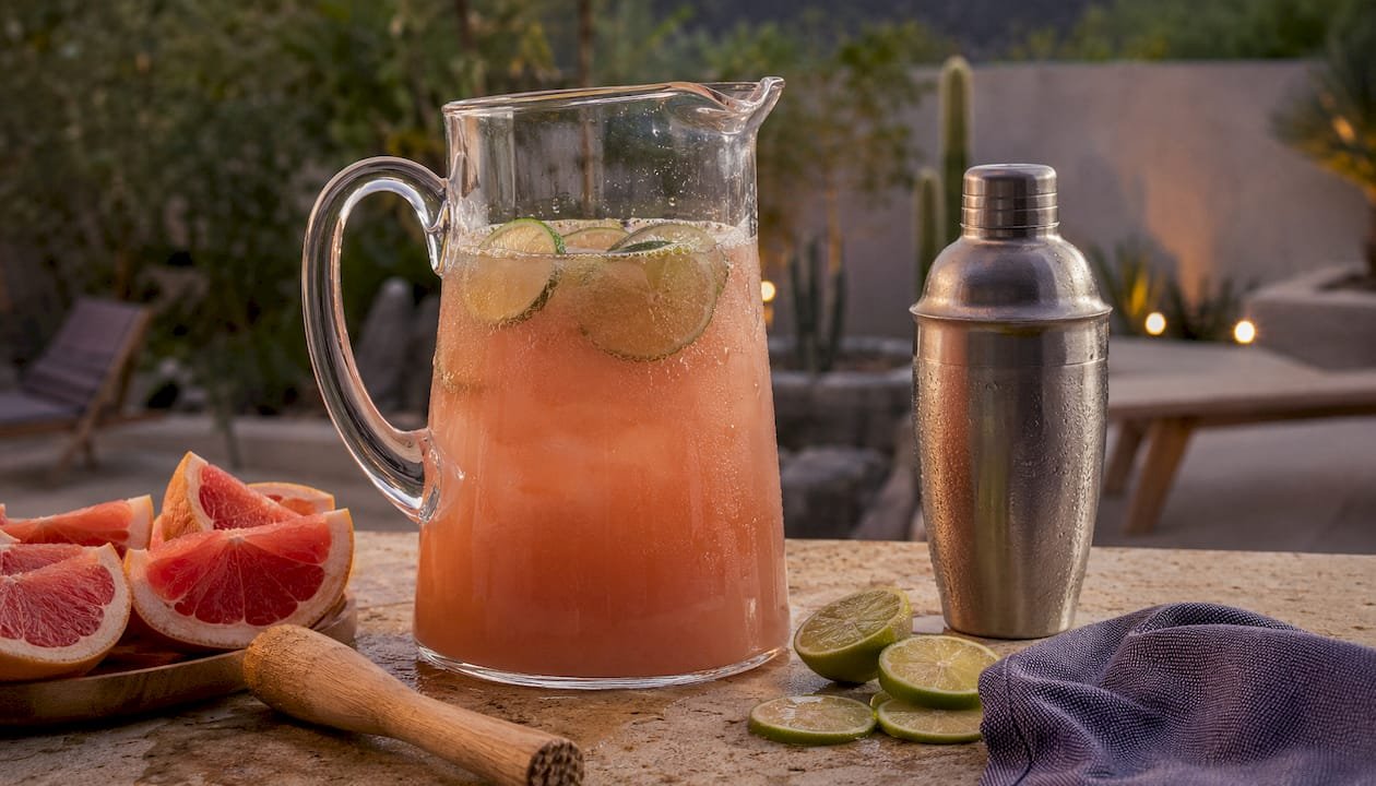 Pitcher with shaken fresh-juice Paloma cocktail and garnishes