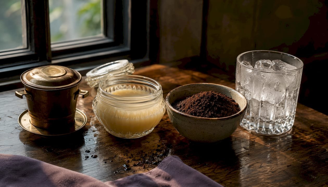 Top-down view of Vietnamese iced coffee ingredients