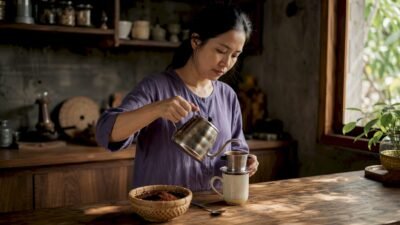 Woman brewing Vietnamese iced coffee with phin filter