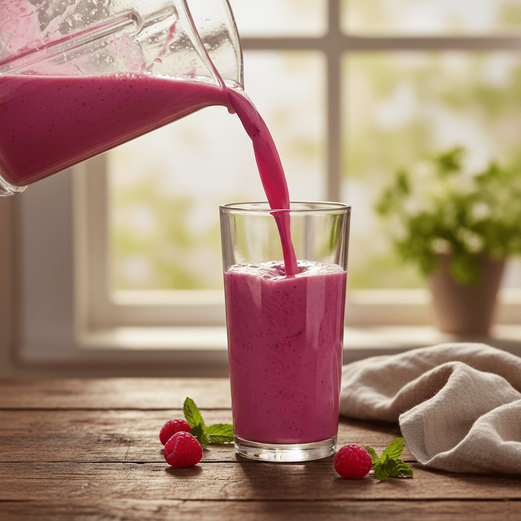 An extreme close-up, dynamic shot of the vibrant pink smoothie being poured from the blender pitcher into a tall, clear glass, capturing the thick, creamy texture as it cascades in.