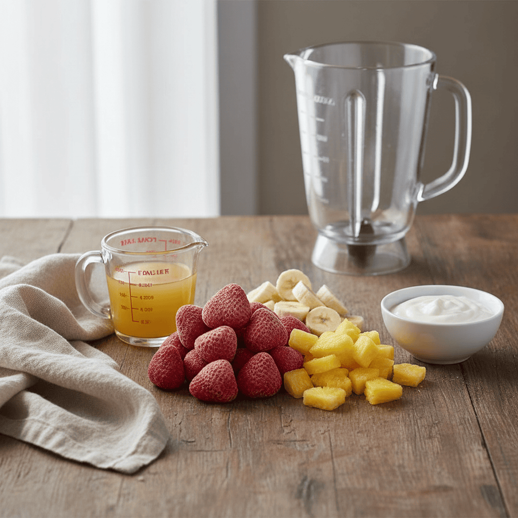 A neat, top-down arrangement of the raw ingredients for one smoothie: a pile of frozen strawberries, frozen banana slices, frozen pineapple chunks, a clear measuring cup filled with amber apple juice, a small white bowl of plain yogurt, and a blender pitcher in the background.