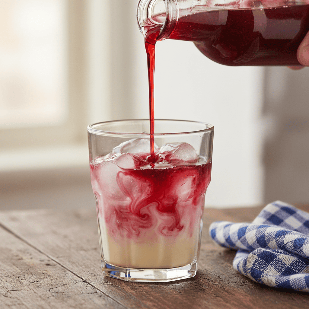 An extreme close-up shot of raspberry syrup being poured in a thick stream from a bottle into a glass already containing ice and vanilla syrup, capturing the viscosity and color of the syrup mid-pour.