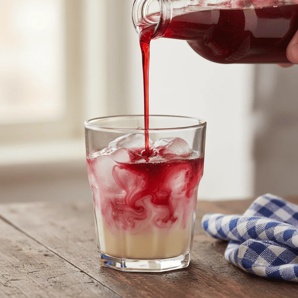 An extreme close-up shot of raspberry syrup being poured in a thick stream from a bottle into a glass already containing ice and vanilla syrup, capturing the viscosity and color of the syrup mid-pour.